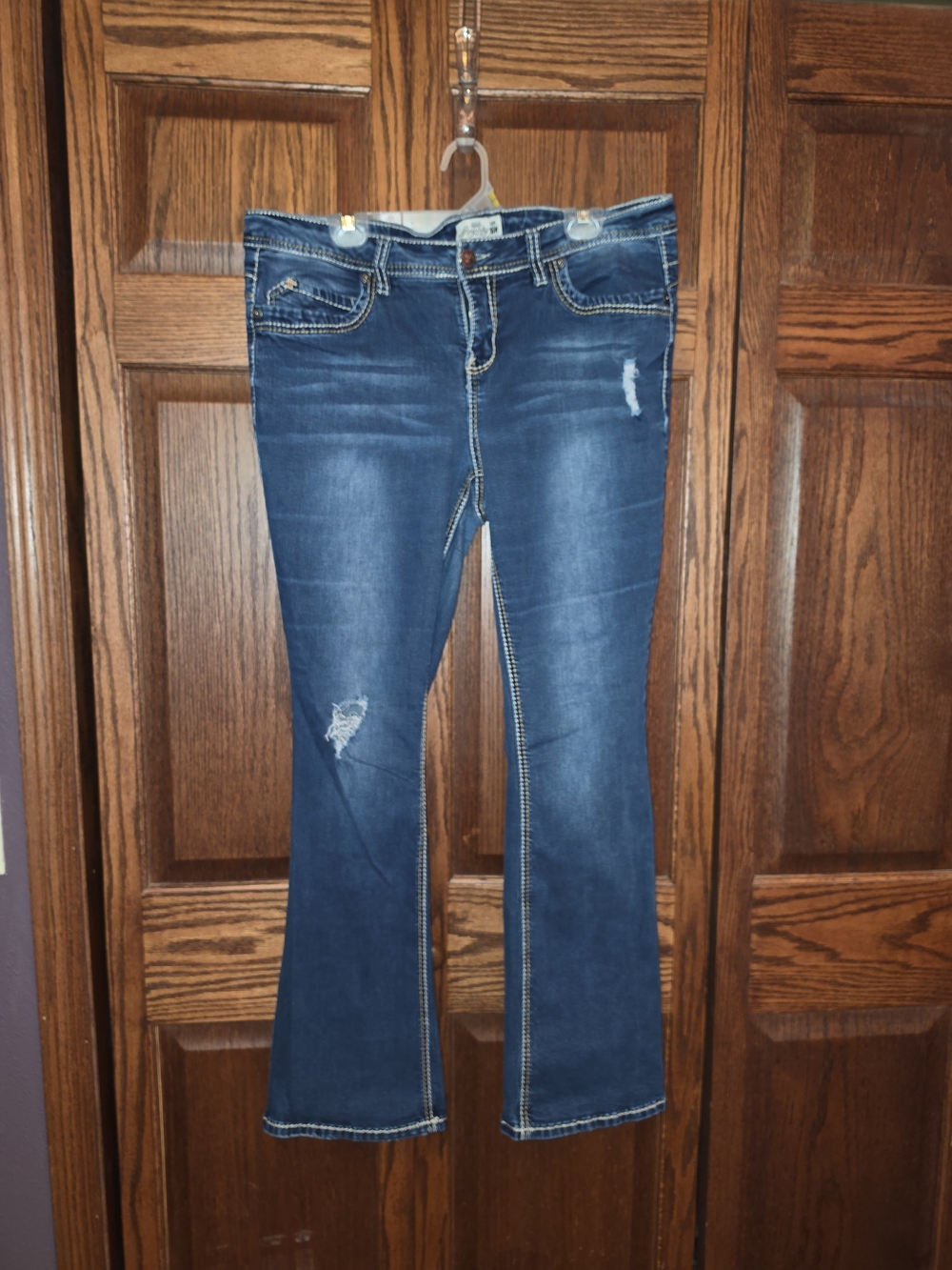 Royalty For Me Dark Blue Flare Jeans with Distressed Detail